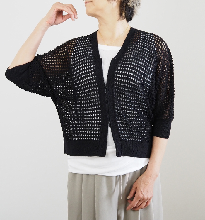 Boutique Ordinary ブティークオーディナリー ドルマンジップカーディガン 透かし編み