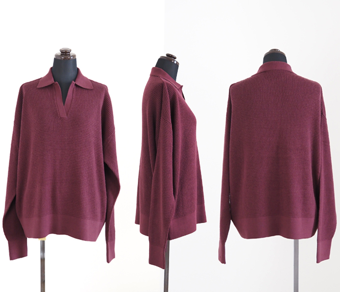 Boutique Ordinary ワッフルスキッパーカラーニット 正面・横・背面