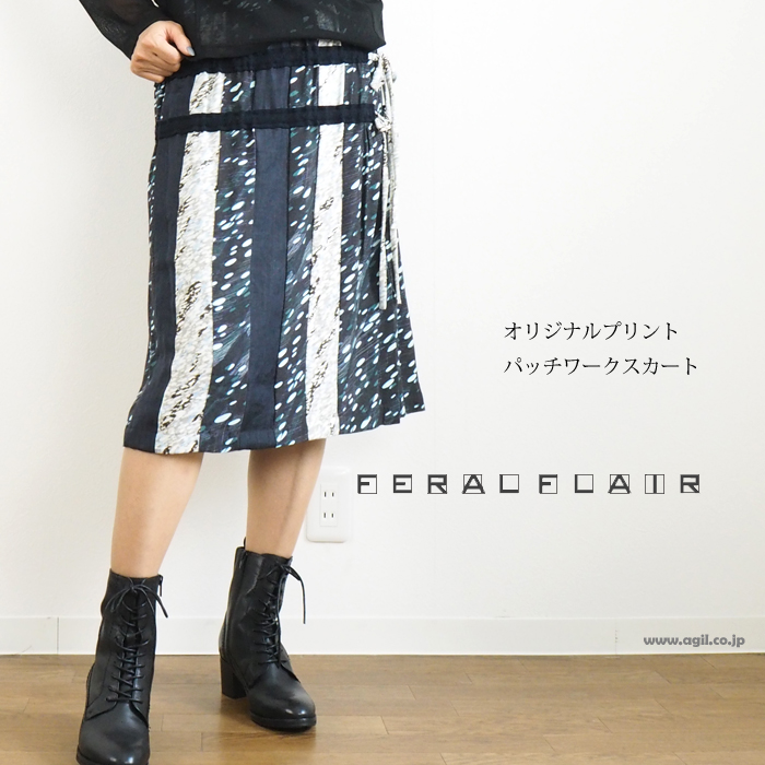 FERAL FLAIR フィラルフレア パッチワークプリントミディスカート レディース