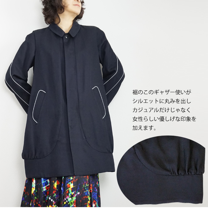 FERAL FLAIR (フィラルフレア) ステンカラーコート シルバーサテンパイピング ネイビー レディース