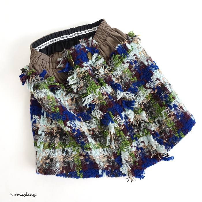 HISUI・翡翠 多色使いツイードウール チェック 膝上スカート ブルーグリーン系 レディース