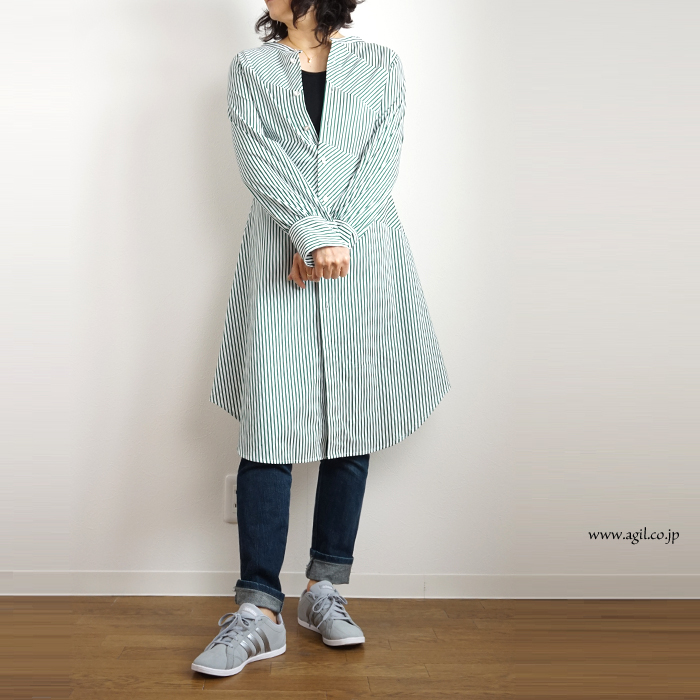 HISUIHIROKOITO (ヒスイヒロコイトウ) グリーン ストライプ 2wayシャツワンピース レディース
