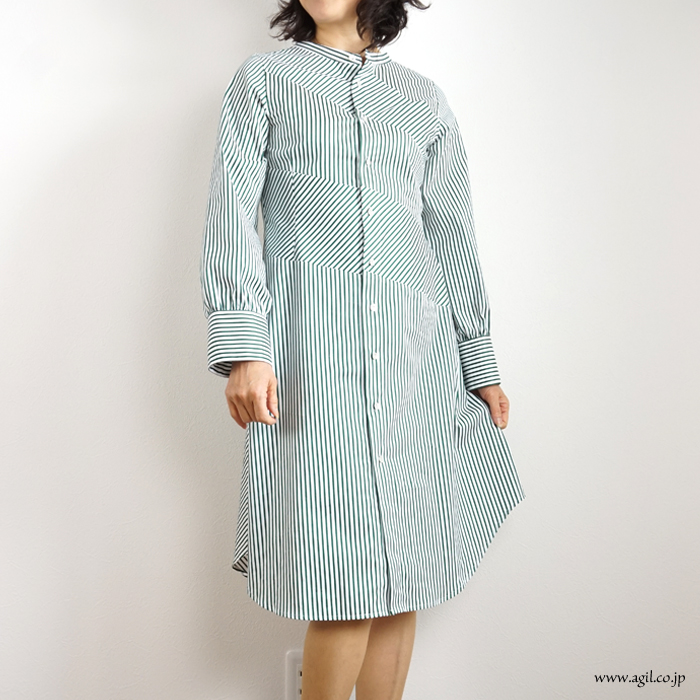 HISUIHIROKOITO (ヒスイヒロコイトウ) グリーン ストライプ 2wayシャツワンピース レディース