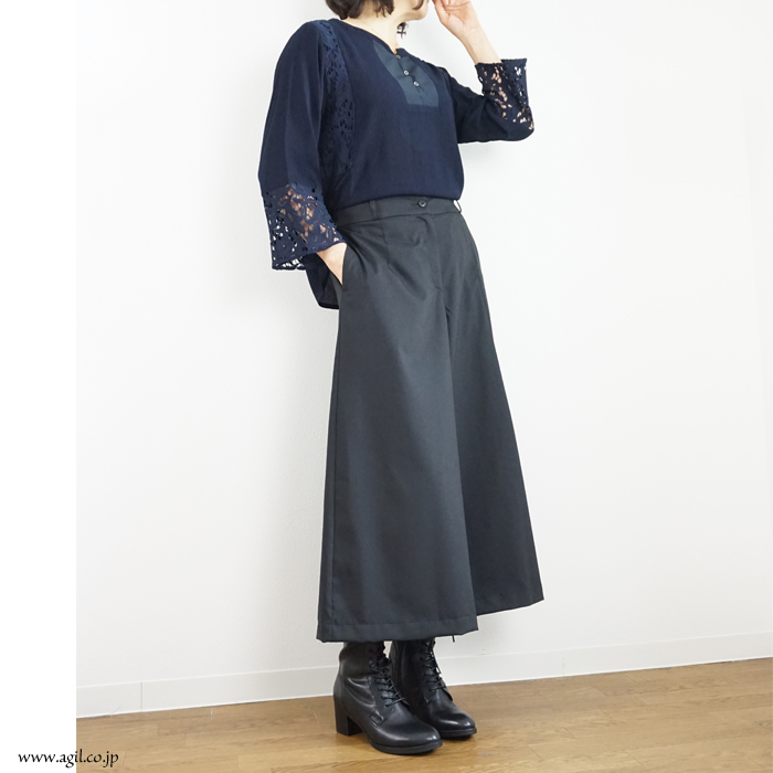 isato design works (イサトデザインワークス) ワンサイドプリーツ ガウチョパンツ ブラック レディース
