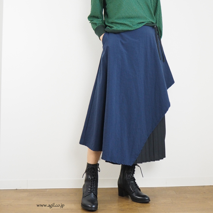 isato design works (イサトデザインワークス) 重ね着風 アンダープリーツミモレスカート レディース