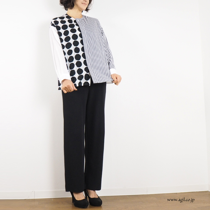 isato design works (イサトデザインワークス) パッチワーク 長袖ノーカラーシャツ レディース