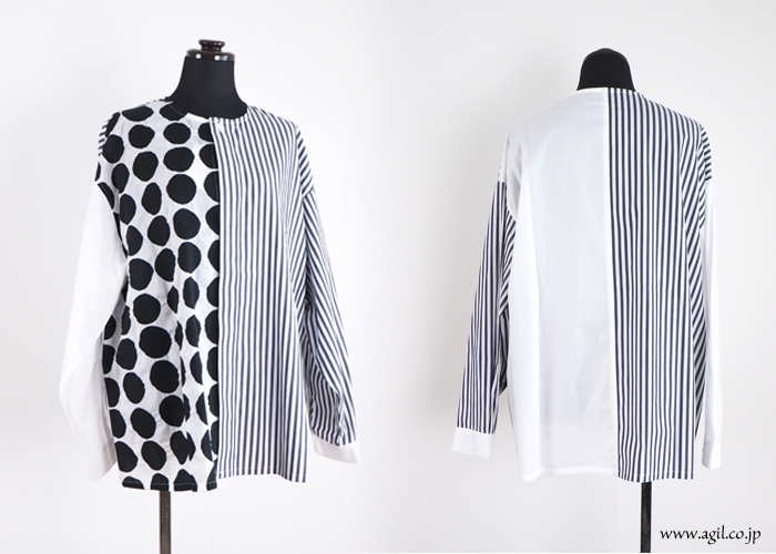 isato design works (イサトデザインワークス) パッチワーク 長袖ノーカラーシャツ レディース