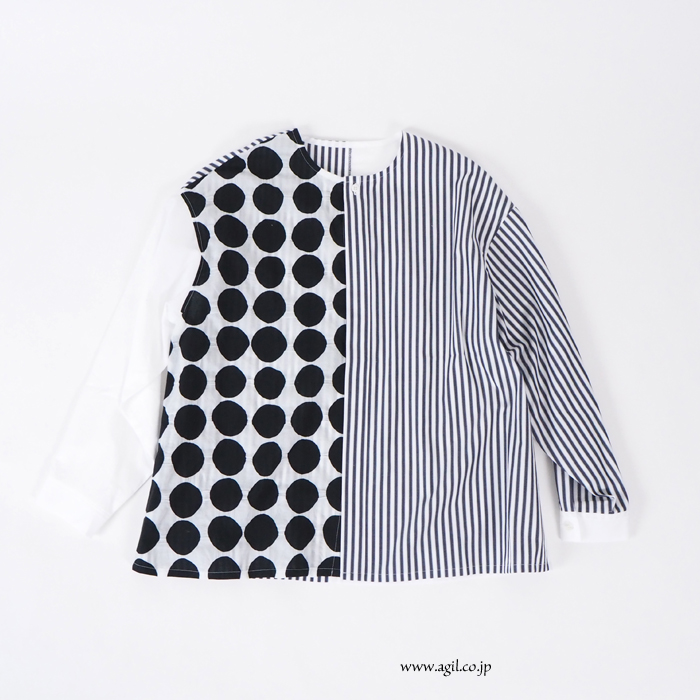 isato design works (イサトデザインワークス) パッチワーク 長袖ノーカラーシャツ レディース