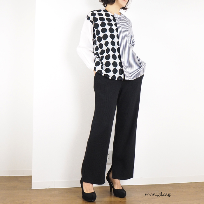isato design works (イサトデザインワークス) パッチワーク 長袖ノーカラーシャツ レディース