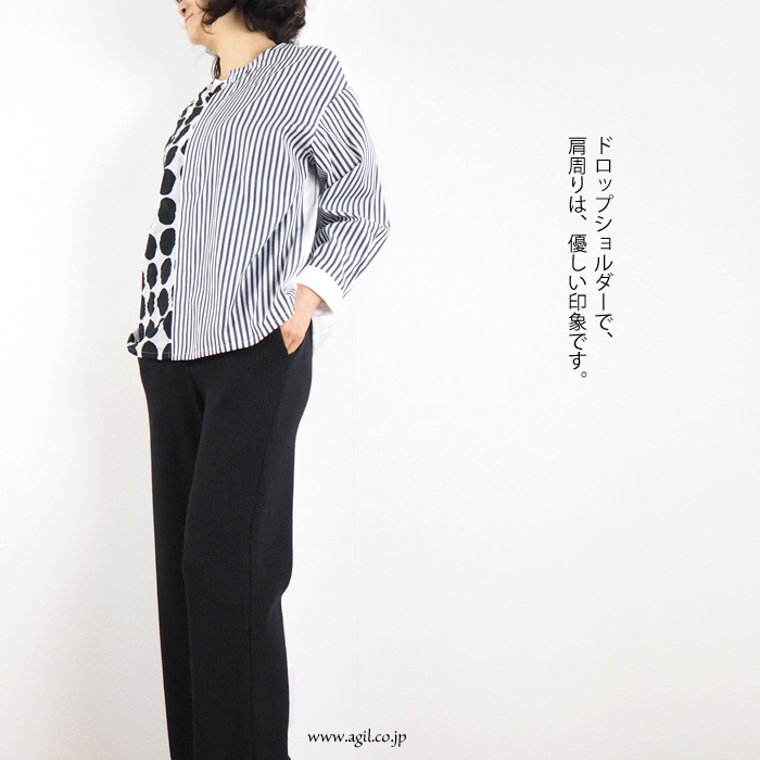isato design works (イサトデザインワークス) パッチワーク 長袖ノーカラーシャツ レディース