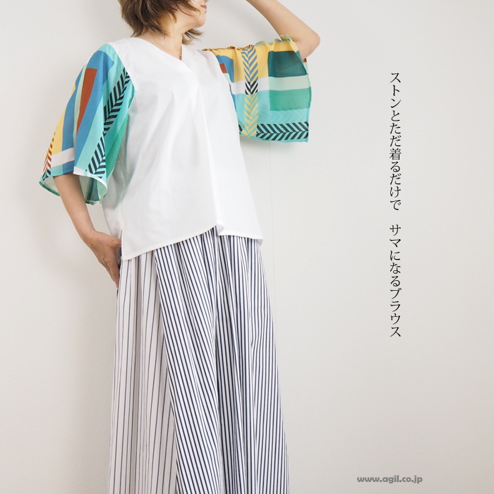 isato design works イサトデザインワークス フレアースリーブ プリントブラウス レディース