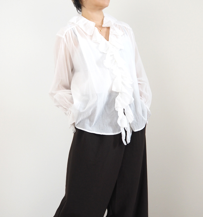 Liyoca リヨカ コットンシフォンフリルブラウス シアー 長袖 レディース