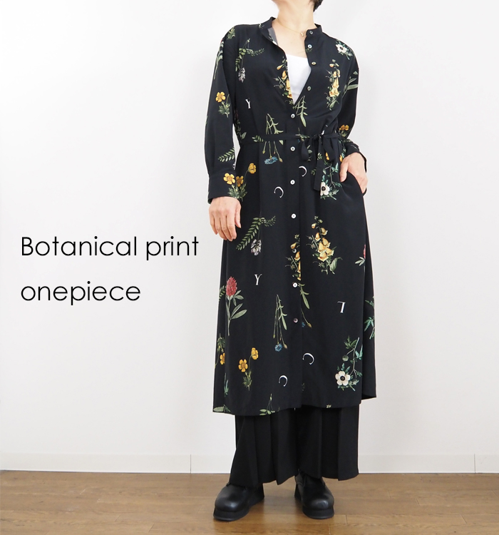 Liyoca リヨカ ボタニカルプリント バンドカラーワンピース レディース