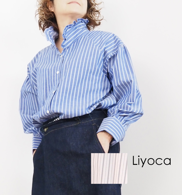 Liyoca リヨカ フリルシャツ オーガニックストライプ レディース