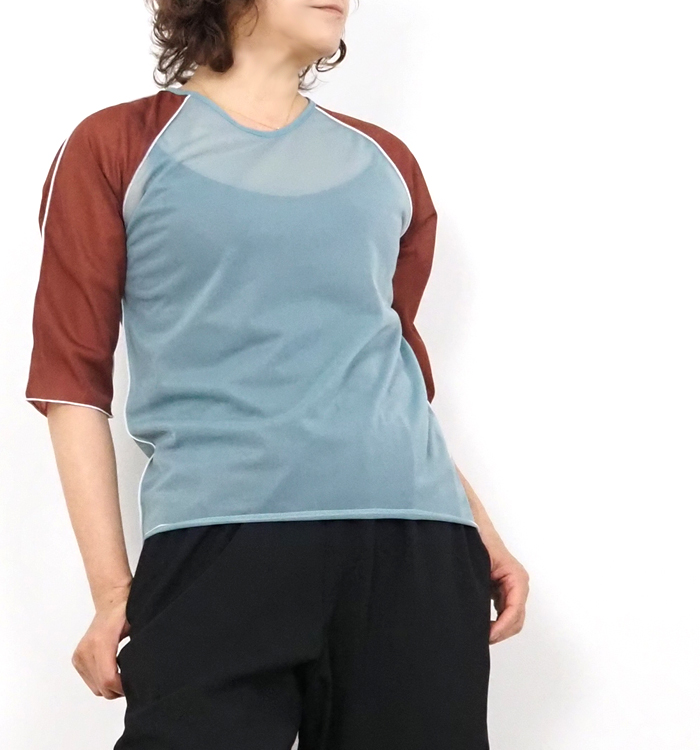 MANON マノン バイカラー シアーTシャツ 5分袖 プルオーバー レディース