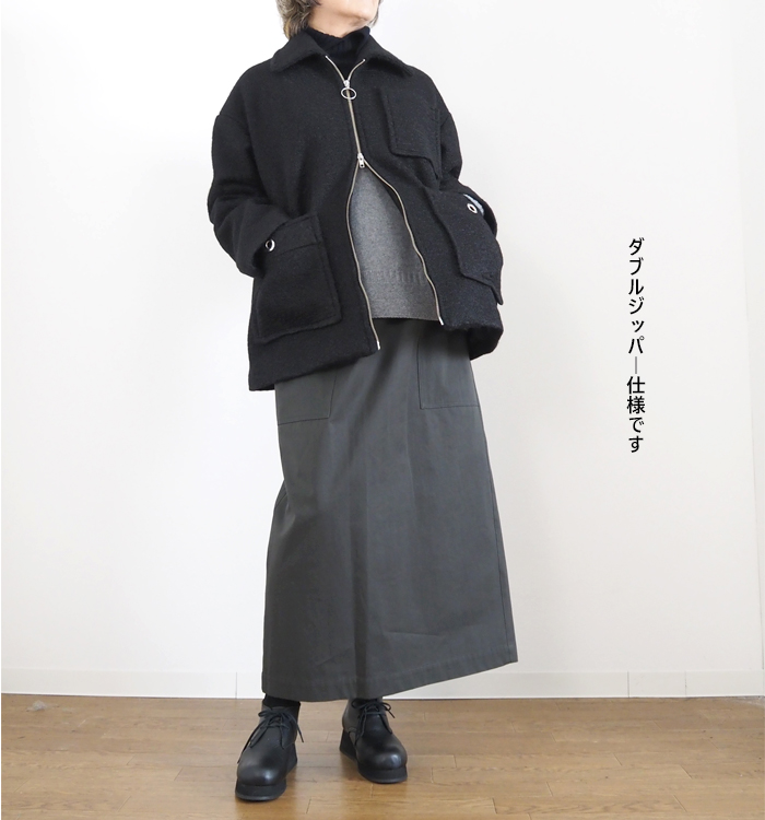 ダブルジッパー仕様 裾側から開けた着用イメージ