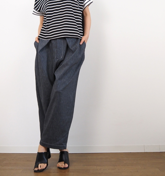 MANON マノン タックワイドパンツ 麻混 レディース