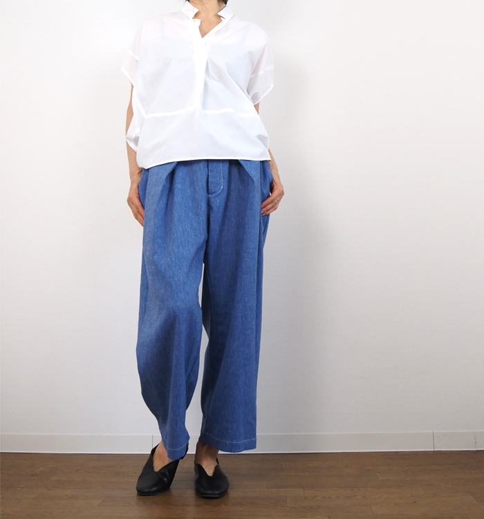 MANON マノン タックワイドパンツ 麻混 レディース