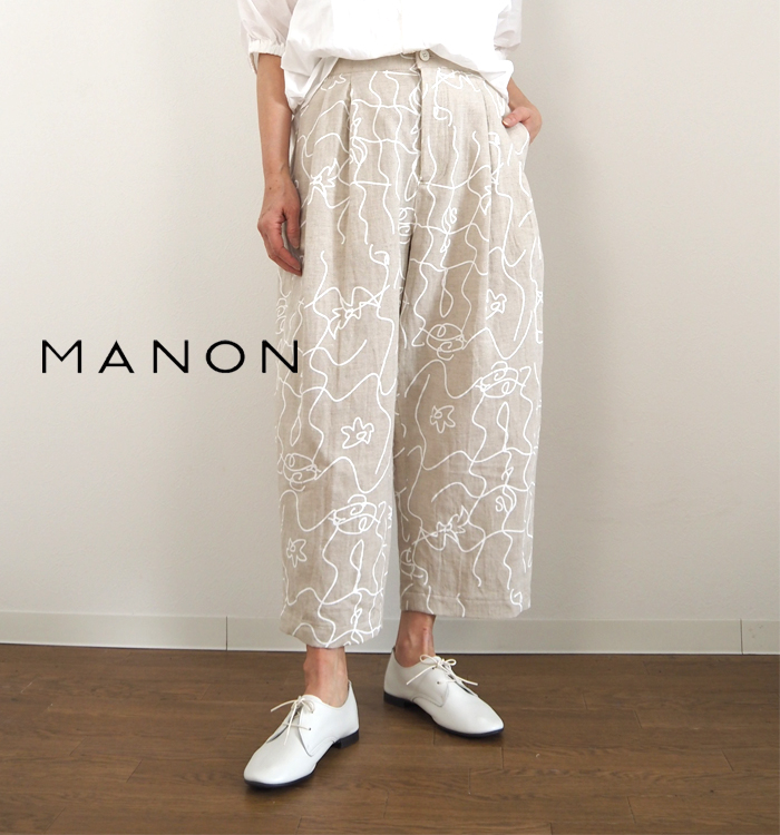 MANON マノン 綿麻ワッシャーフラワープリントバルーンパンツ