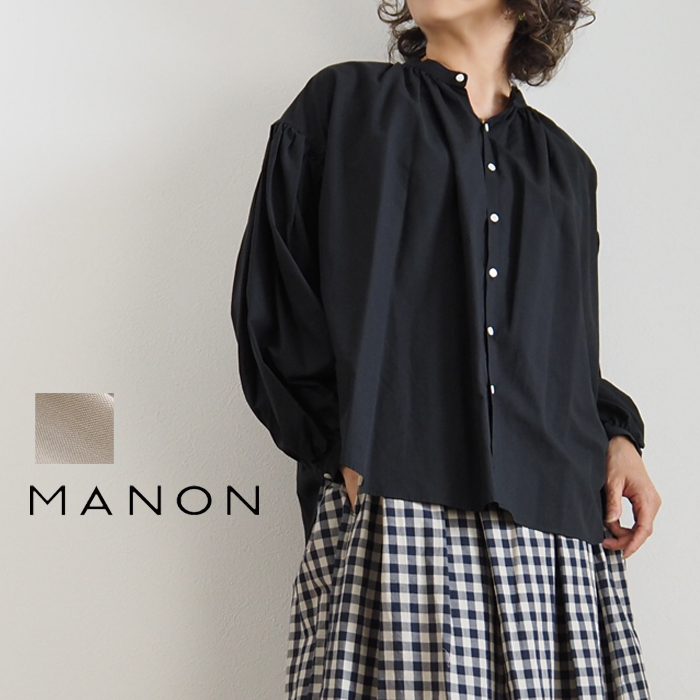 MANON マノン バンドカラーギャザーブラウス アミカルシャツレディース