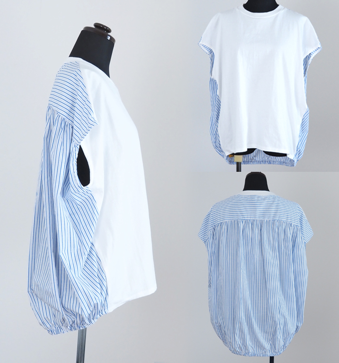MANON マノン ストライプコンビTシャツ 布帛xカットソードッキング レディース