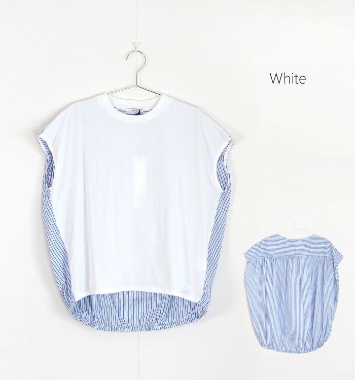 MANON マノン ストライプコンビTシャツ 布帛xカットソードッキング レディース