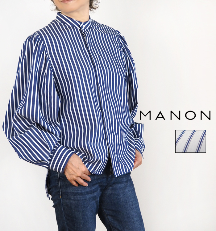 MANON マノン ギャザースリーブ バンドカラーシャツ レディース