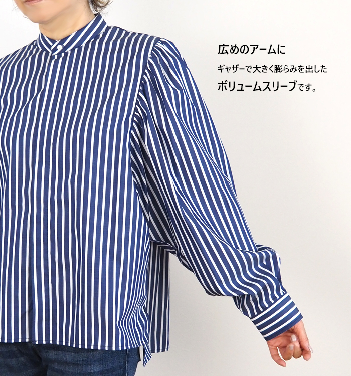 MANON マノン ギャザースリーブ バンドカラーシャツ レディース