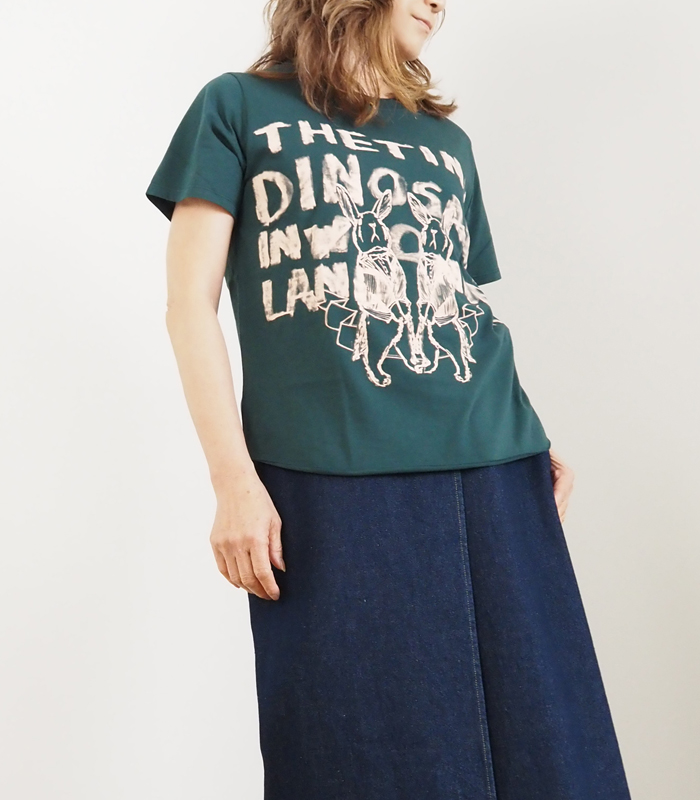 tiny dinosaur タイニーダイナソー プリント半袖Tシャツ ラビットロゴパターン レディース